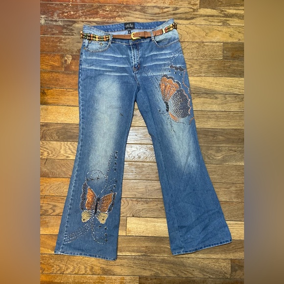 "Y2K Butterfly Embroidered + Jeweled Denim Bootcut Jeans - Etoile Size 12 Women' - Picture 2 of 9